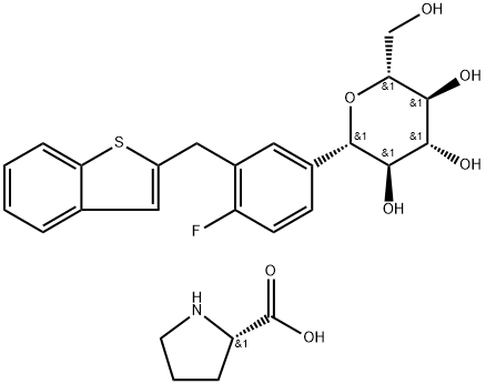 Л-Пролин компд. со (1S)-1,5-анхидро-1-C-[3-(бензо[b]тиен-2-илметил)-4-флуорофенил]-D-глуцитол (1:1)